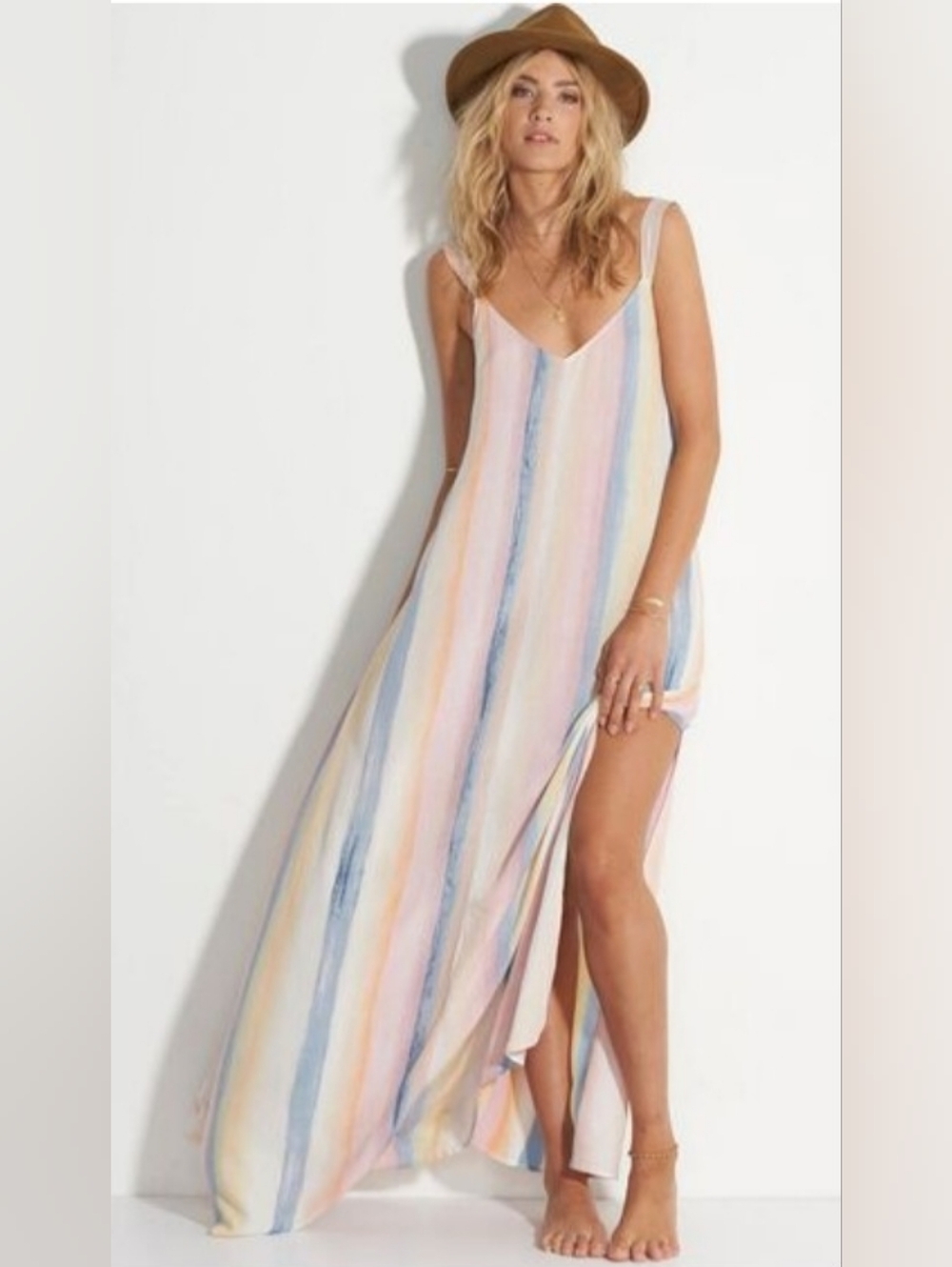 ​Billabong Sky High Pastel Rainbow Striped Crinkle Gauze Maxi Dress Size L